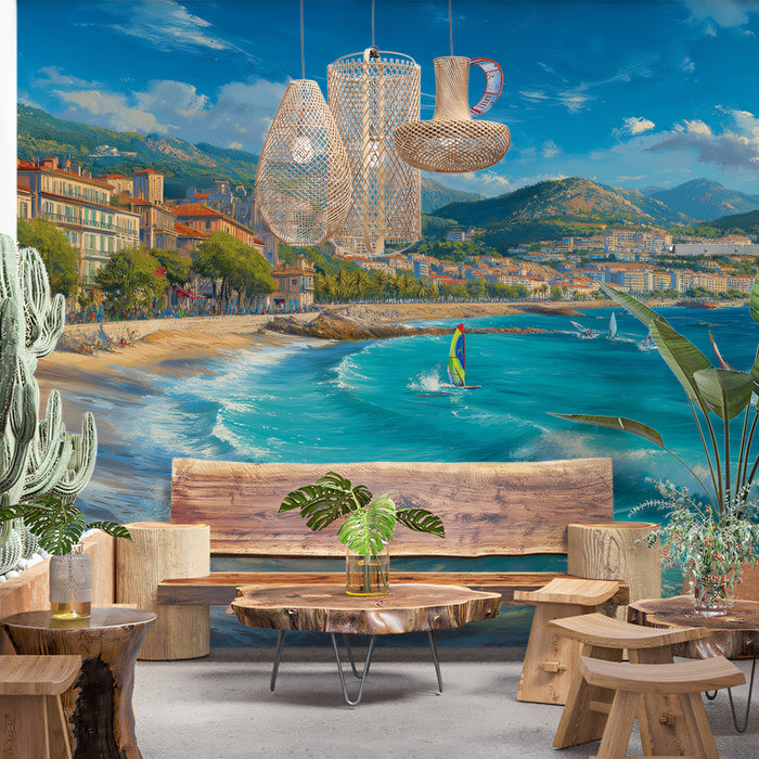 French Riviera Water Sports Mural Wallpaper | Oil Painting, Turquoise Sea, Coastal Mountain Backdrop