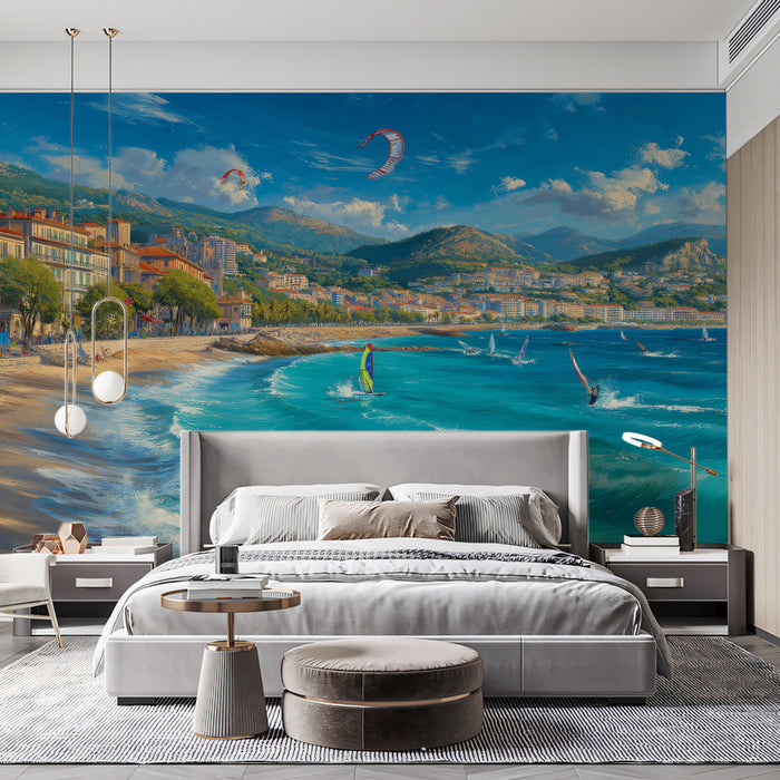French Riviera Water Sports Mural Wallpaper | Oil Painting, Turquoise Sea, Coastal Mountain Backdrop