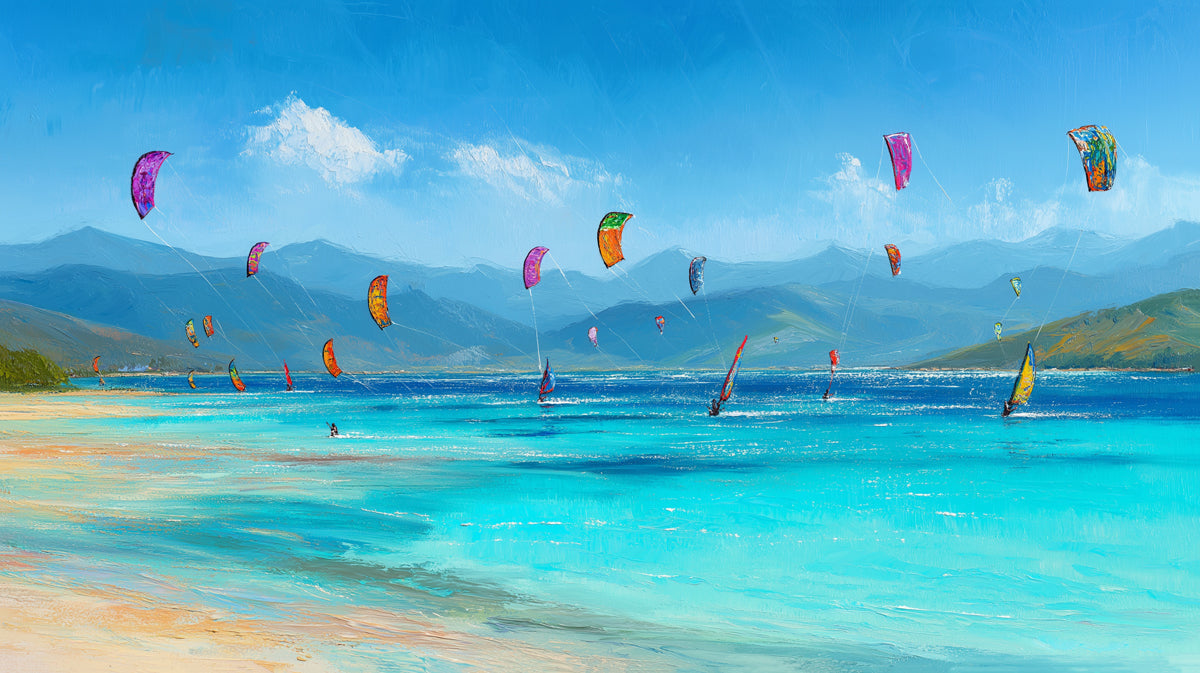 Extreme Kite Surfing Beach Mural Wallpaper | Impressionist Style, Bright Aqua Water, Mountain Horizon