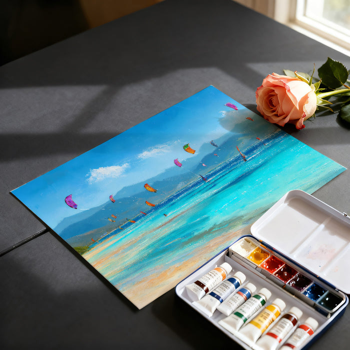 Extreme Kite Surfing Beach Mural Wallpaper | Impressionist Style, Bright Aqua Water, Mountain Horizon