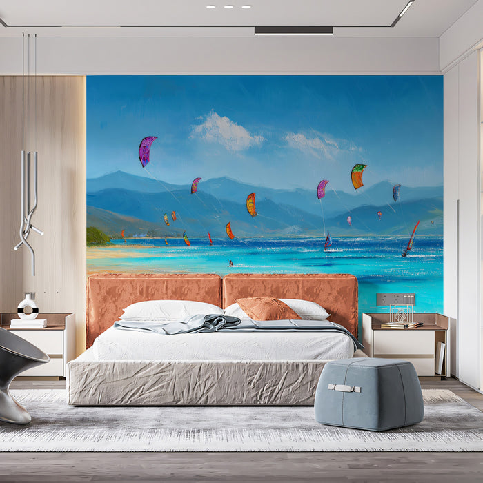 Extreme Kite Surfing Beach Mural Wallpaper | Impressionist Style, Bright Aqua Water, Mountain Horizon