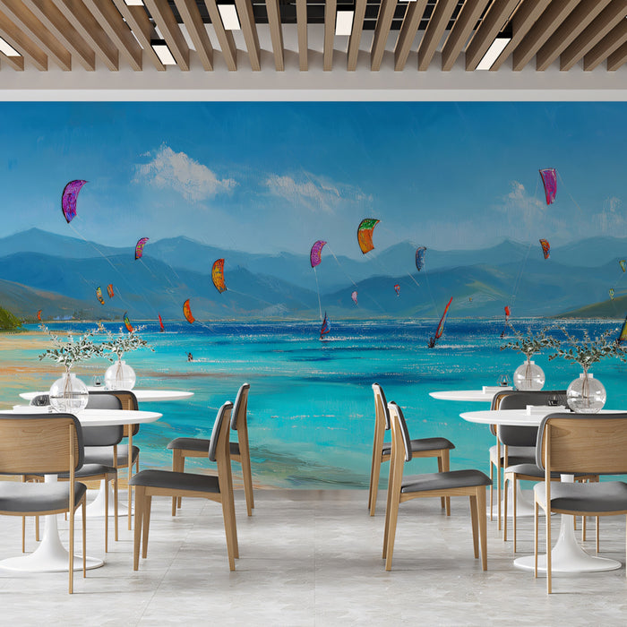 Extreme Kite Surfing Beach Mural Wallpaper | Impressionist Style, Bright Aqua Water, Mountain Horizon