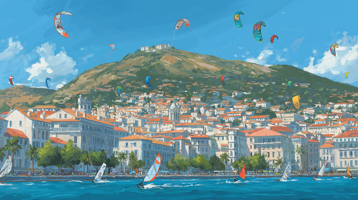 Mediterranean Coastal Town Mural Wallpaper | Hillside Village, Tile Roofs, Colorful Kite Scene