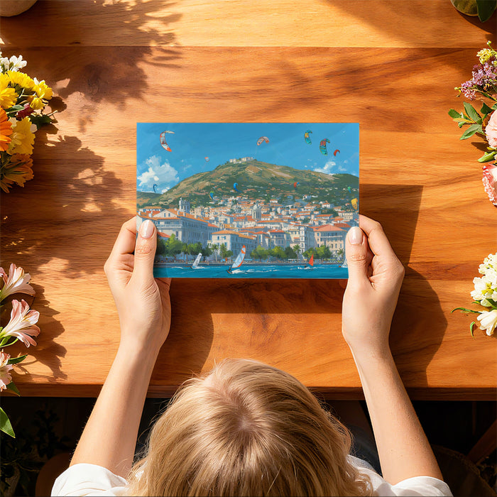 Mediterranean Coastal Town Mural Wallpaper | Hillside Village, Tile Roofs, Colorful Kite Scene