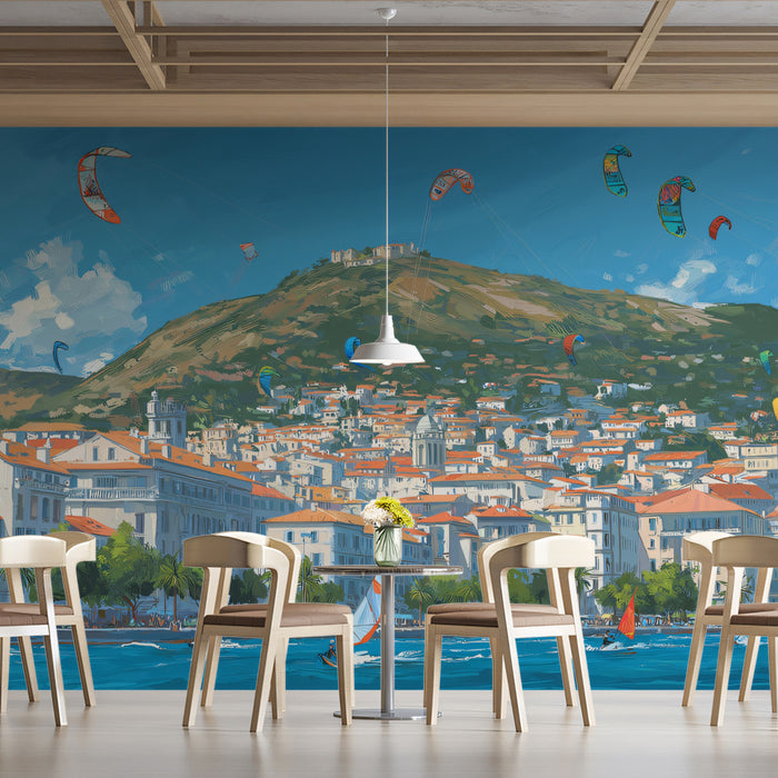 Mediterranean Coastal Town Mural Wallpaper | Hillside Village, Tile Roofs, Colorful Kite Scene
