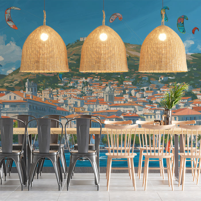 Mediterranean Coastal Town Mural Wallpaper | Hillside Village, Tile Roofs, Colorful Kite Scene
