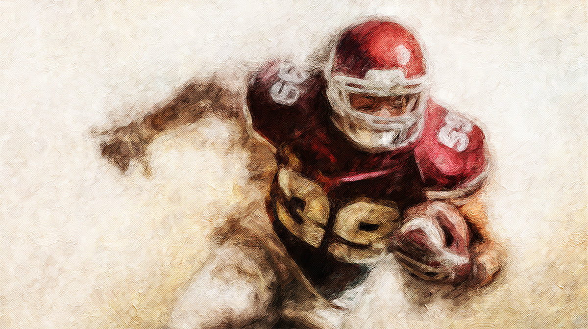 Grunge Red Football Player Mural Wallpaper | Oil Painting Texture, Dynamic Motion Blur, Close-up Action