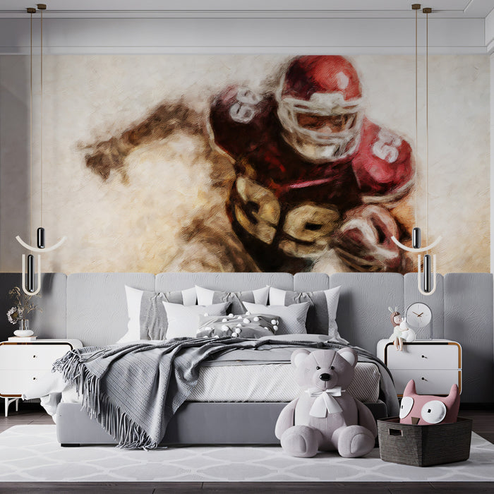 Grunge Red Football Player Mural Wallpaper | Oil Painting Texture, Dynamic Motion Blur, Close-up Action