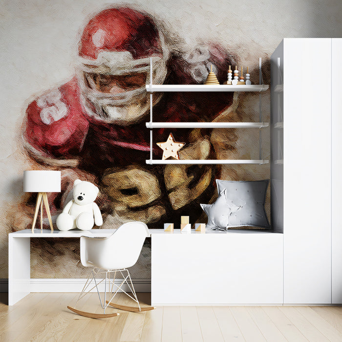 Grunge Red Football Player Mural Wallpaper | Oil Painting Texture, Dynamic Motion Blur, Close-up Action