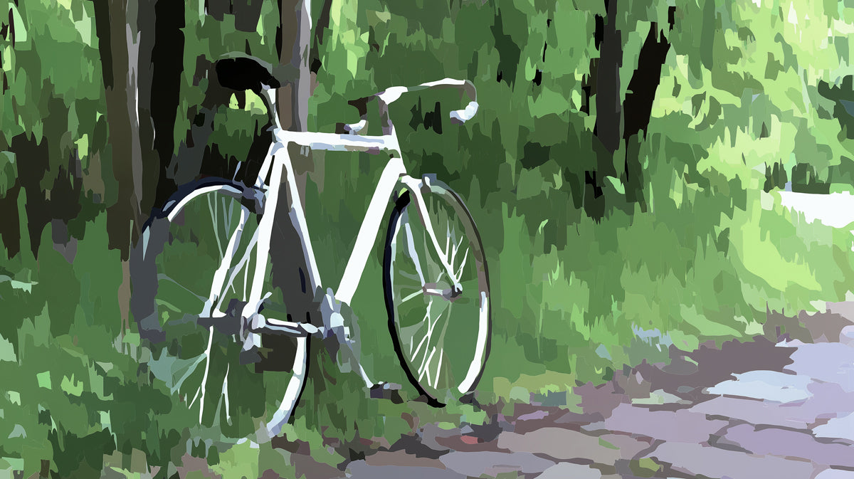 Abstract Forest Bicycle Mural Wallpaper | Green Block Art, Road Bike, Minimalist Nature Theme