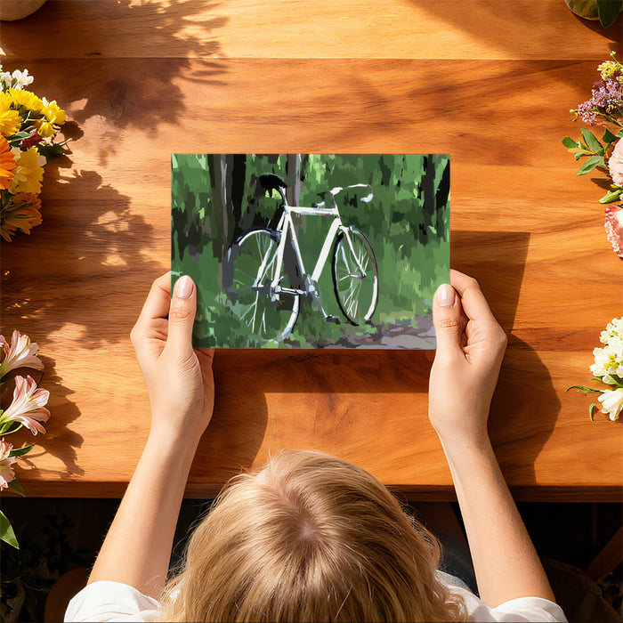 Abstract Forest Bicycle Mural Wallpaper | Green Block Art, Road Bike, Minimalist Nature Theme