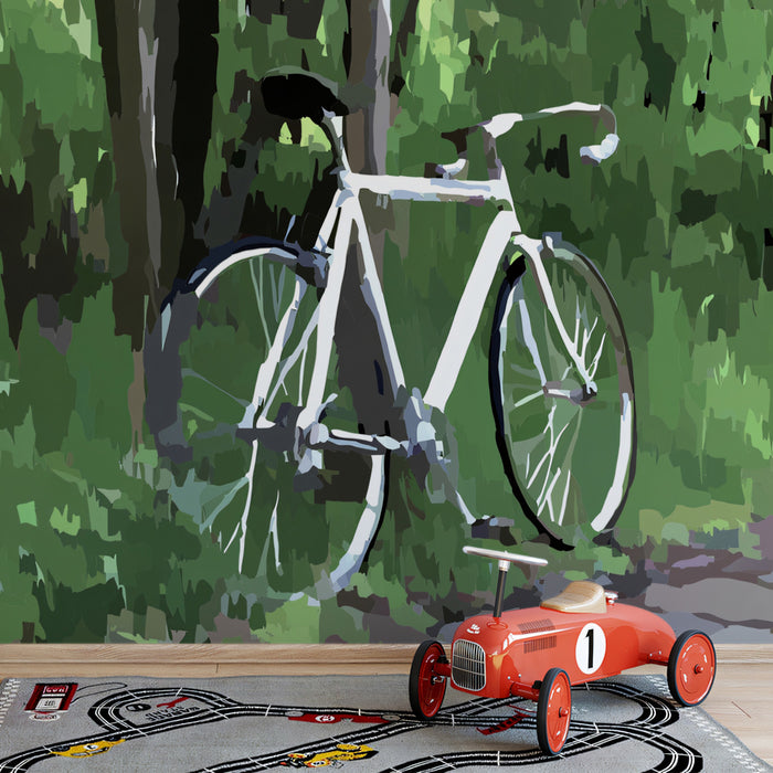 Abstract Forest Bicycle Mural Wallpaper | Green Block Art, Road Bike, Minimalist Nature Theme