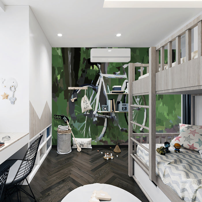 Abstract Forest Bicycle Mural Wallpaper | Green Block Art, Road Bike, Minimalist Nature Theme