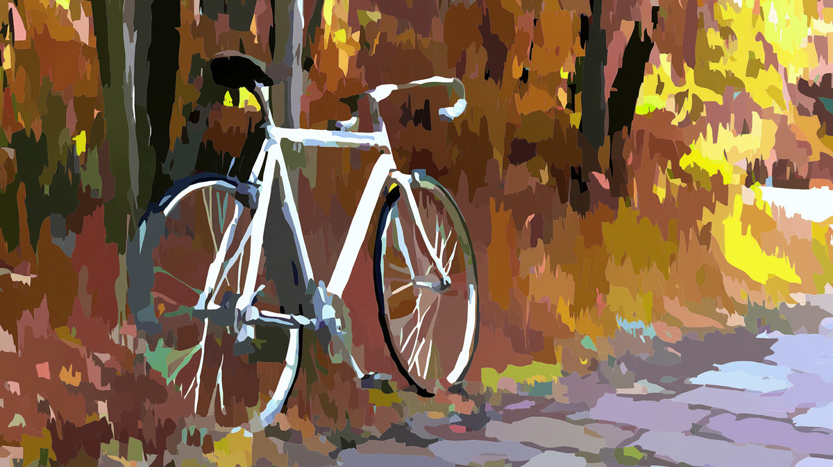 Abstract Autumn Bicycle Mural Wallpaper | Warm Tones, Color Block Art, Nostalgic Forest Scene