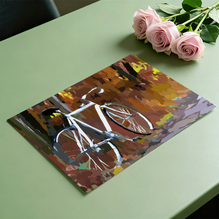 Abstract Autumn Bicycle Mural Wallpaper | Warm Tones, Color Block Art, Nostalgic Forest Scene