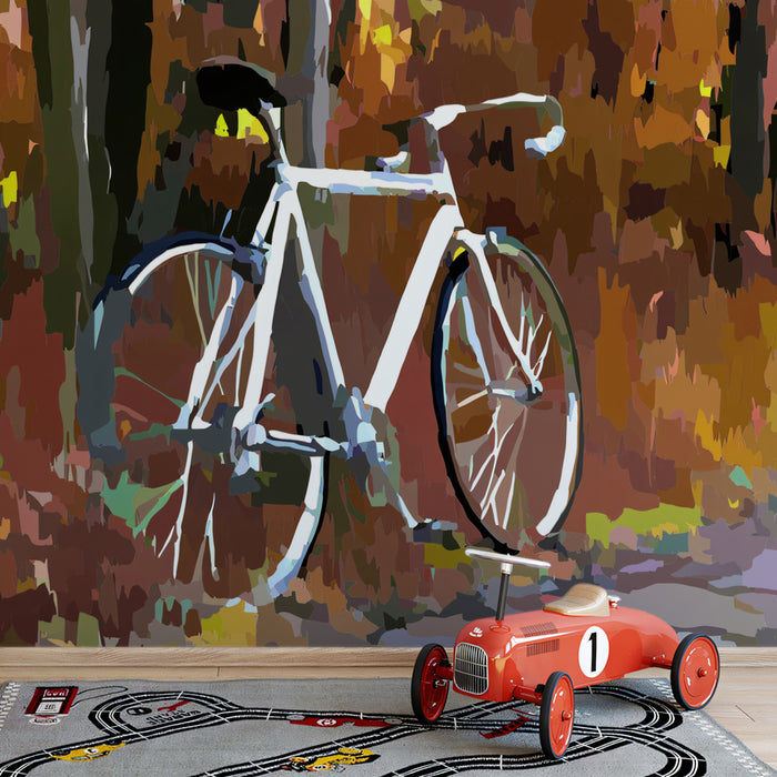 Abstract Autumn Bicycle Mural Wallpaper | Warm Tones, Color Block Art, Nostalgic Forest Scene