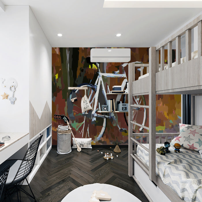 Abstract Autumn Bicycle Mural Wallpaper | Warm Tones, Color Block Art, Nostalgic Forest Scene