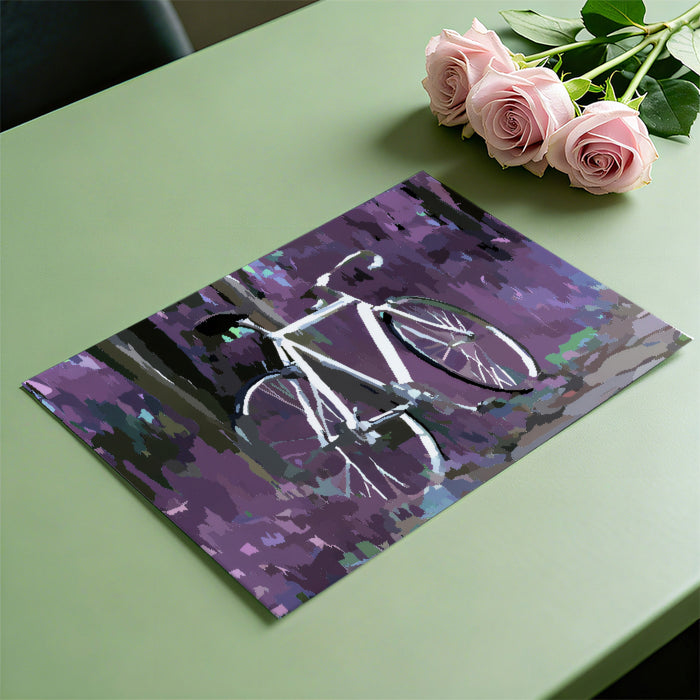 Abstract Purple Forest Bicycle Mural Wallpaper | High Contrast, Neon Hues, Surreal Landscape