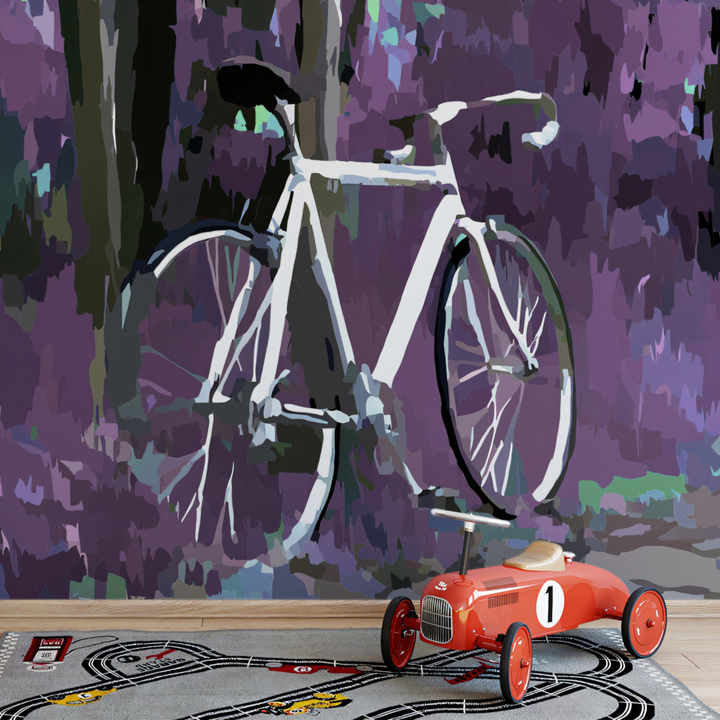 Abstract Purple Forest Bicycle Mural Wallpaper | High Contrast, Neon Hues, Surreal Landscape
