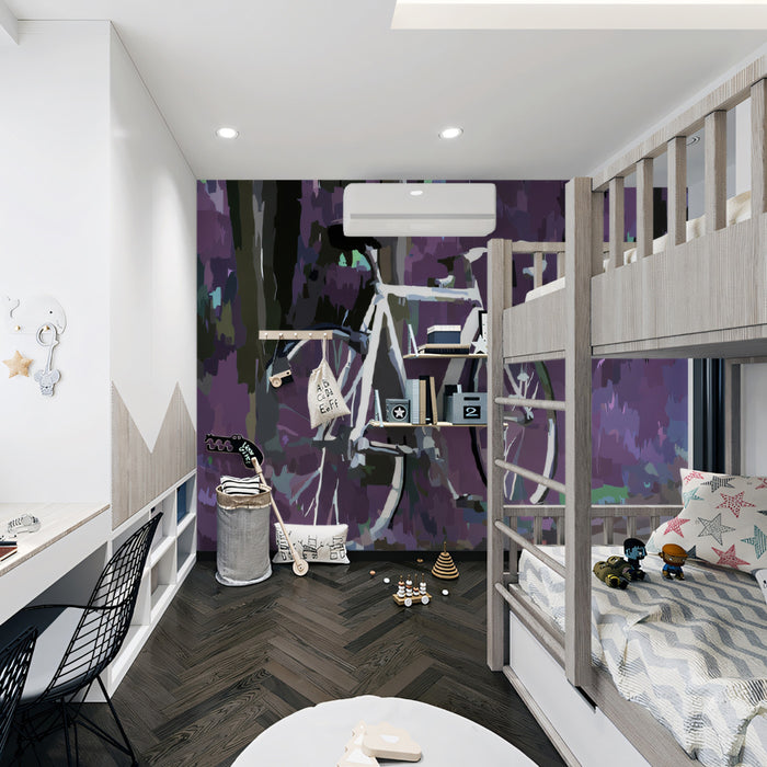 Abstract Purple Forest Bicycle Mural Wallpaper | High Contrast, Neon Hues, Surreal Landscape