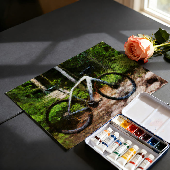 Mountain Bike Trail Oil Painting Mural Wallpaper | High Texture, Forest Green, Rustic Path Art