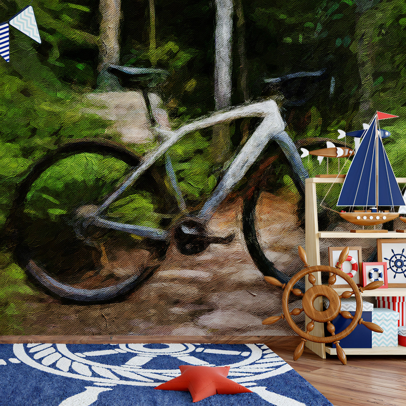 Mountain Bike Trail Oil Painting Mural Wallpaper | High Texture, Forest Green, Rustic Path Art