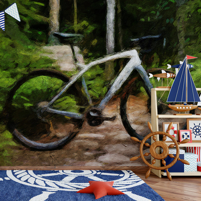 Mountain Bike Trail Oil Painting Mural Wallpaper | High Texture, Forest Green, Rustic Path Art