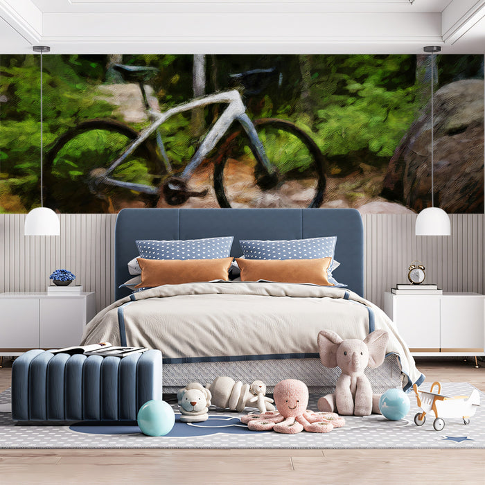 Mountain Bike Trail Oil Painting Mural Wallpaper | High Texture, Forest Green, Rustic Path Art