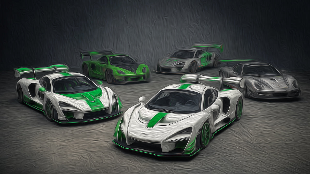 Hypercar Collection Oil Painting Mural Wallpaper | High Texture, Green and White Contrast, Dynamic Vehicle Display