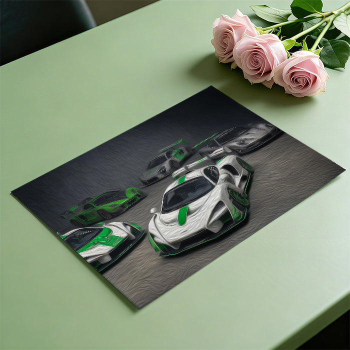 Hypercar Collection Oil Painting Mural Wallpaper | High Texture, Green and White Contrast, Dynamic Vehicle Display