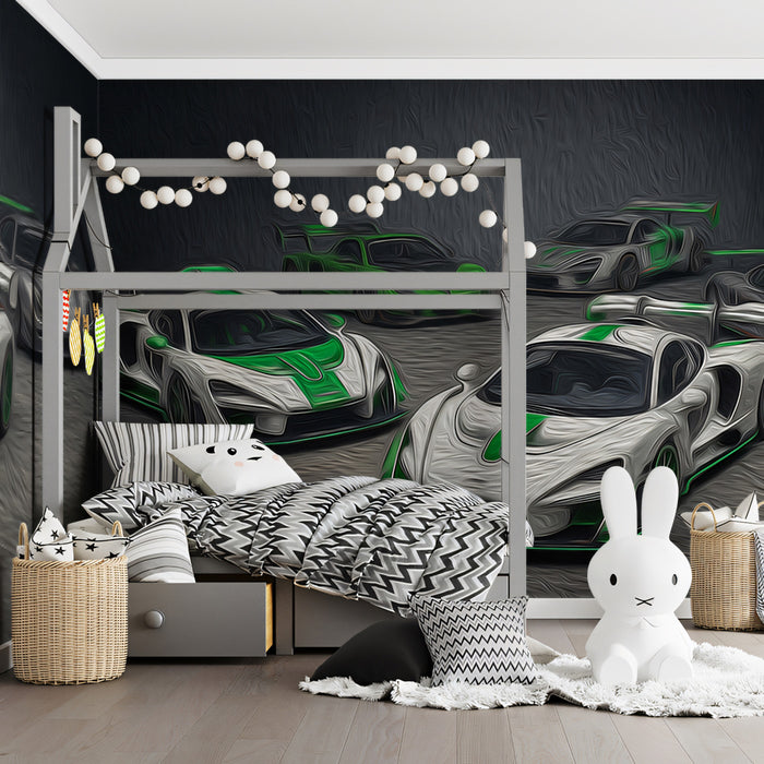 Hypercar Collection Oil Painting Mural Wallpaper | High Texture, Green and White Contrast, Dynamic Vehicle Display