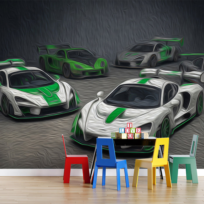 Hypercar Collection Oil Painting Mural Wallpaper | High Texture, Green and White Contrast, Dynamic Vehicle Display