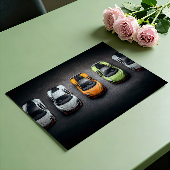 Overhead Hypercar Lineup Mural Wallpaper | Oil Painting, High Contrast, Yellow and Green Focus