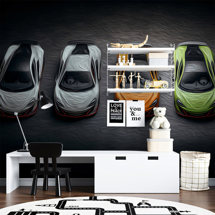 Overhead Hypercar Lineup Mural Wallpaper | Oil Painting, High Contrast, Yellow and Green Focus