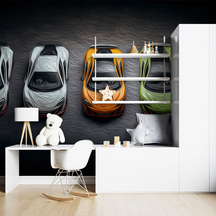 Overhead Hypercar Lineup Mural Wallpaper | Oil Painting, High Contrast, Yellow and Green Focus