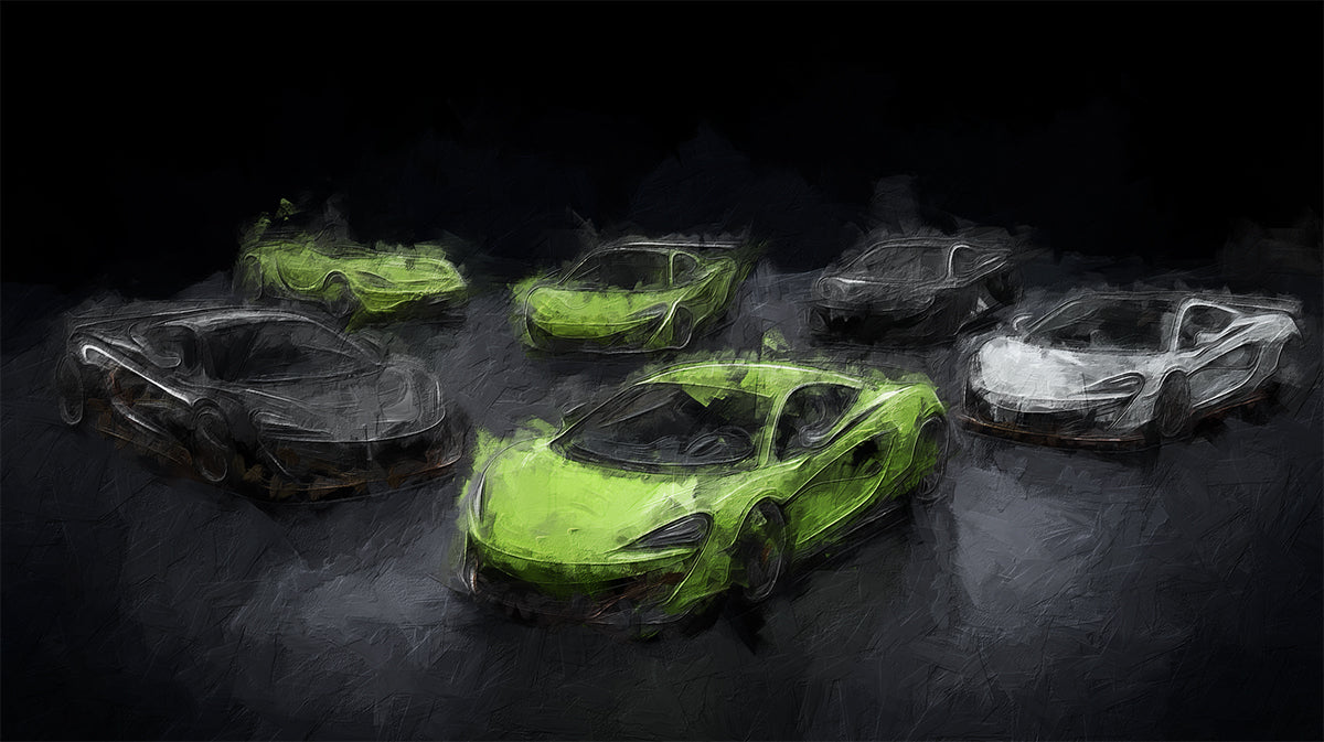 Neon Green Hypercar Cluster Mural Wallpaper | Oil Painting, Dark Backdrop, High-Energy Spotlight