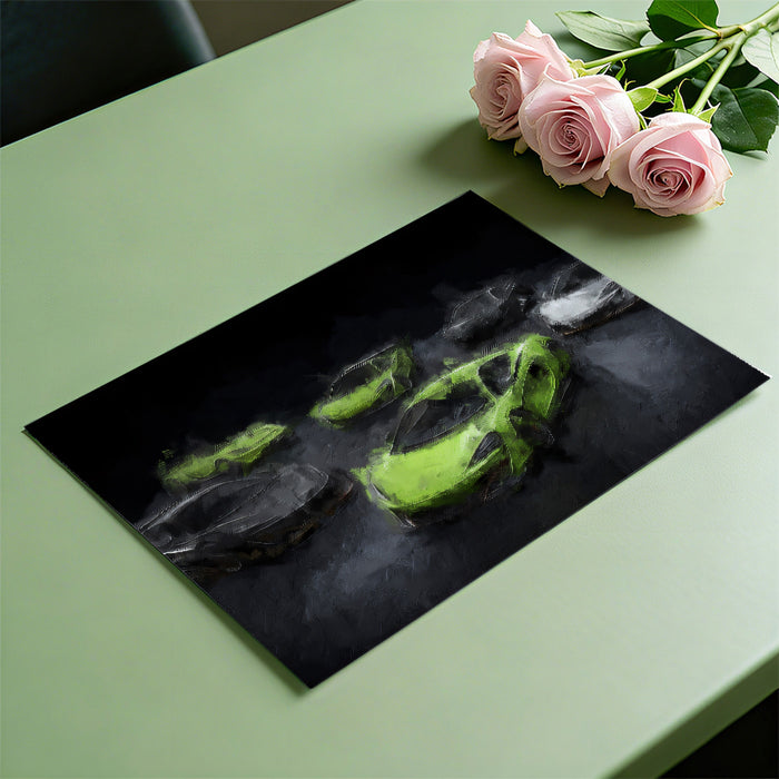 Neon Green Hypercar Cluster Mural Wallpaper | Oil Painting, Dark Backdrop, High-Energy Spotlight