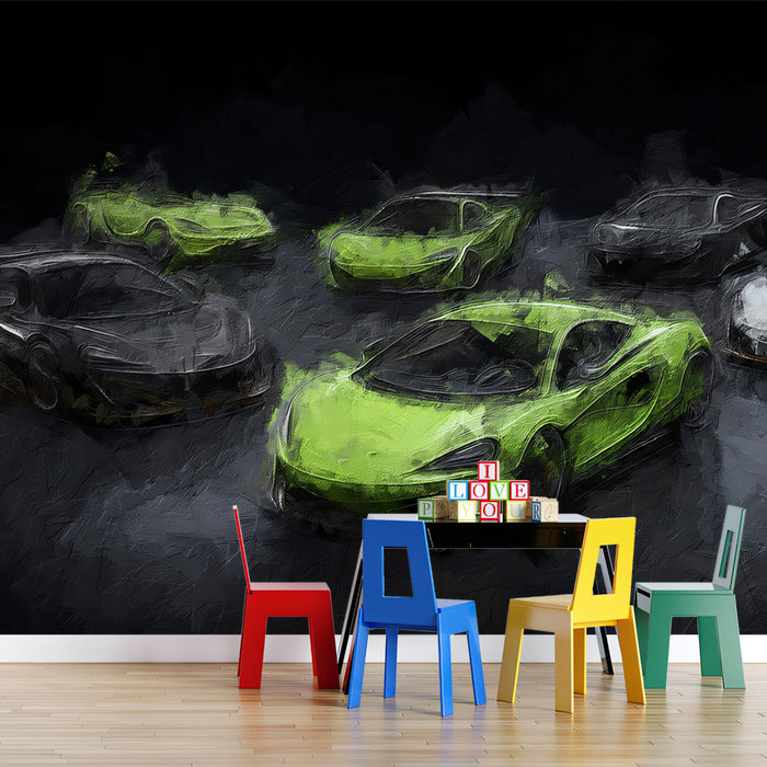 Neon Green Hypercar Cluster Mural Wallpaper | Oil Painting, Dark Backdrop, High-Energy Spotlight