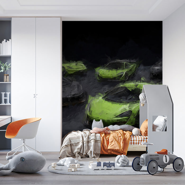 Neon Green Hypercar Cluster Mural Wallpaper | Oil Painting, Dark Backdrop, High-Energy Spotlight