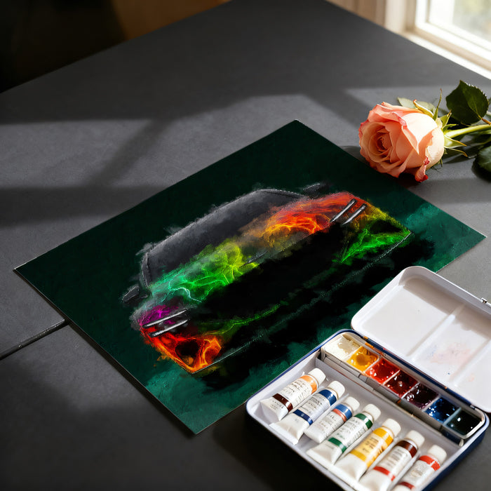 Car Fire Aura Portrait Mural Wallpaper | Neon Flames, Red and Green Contrast, Abstract Expressionism