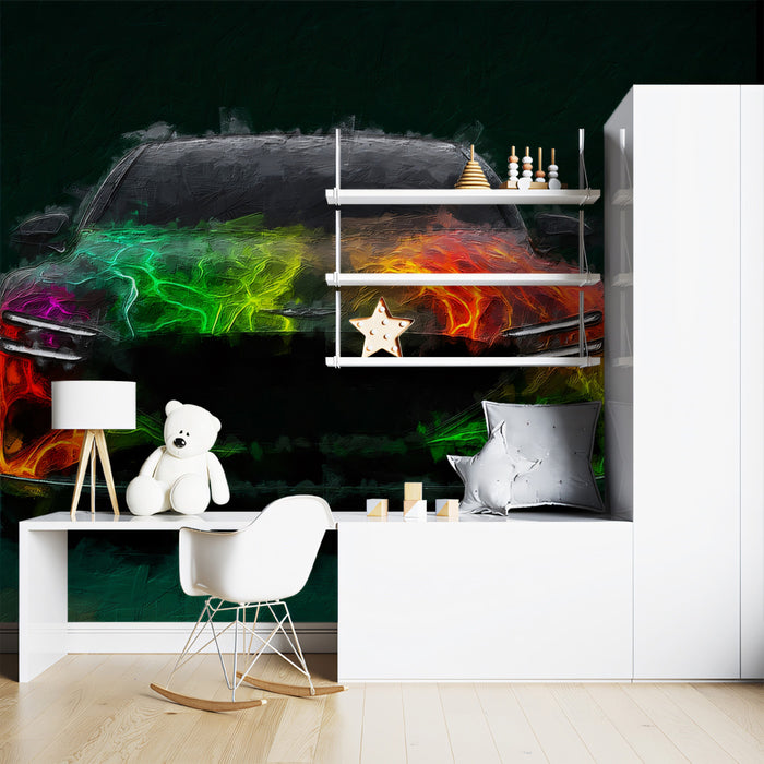 Car Fire Aura Portrait Mural Wallpaper | Neon Flames, Red and Green Contrast, Abstract Expressionism