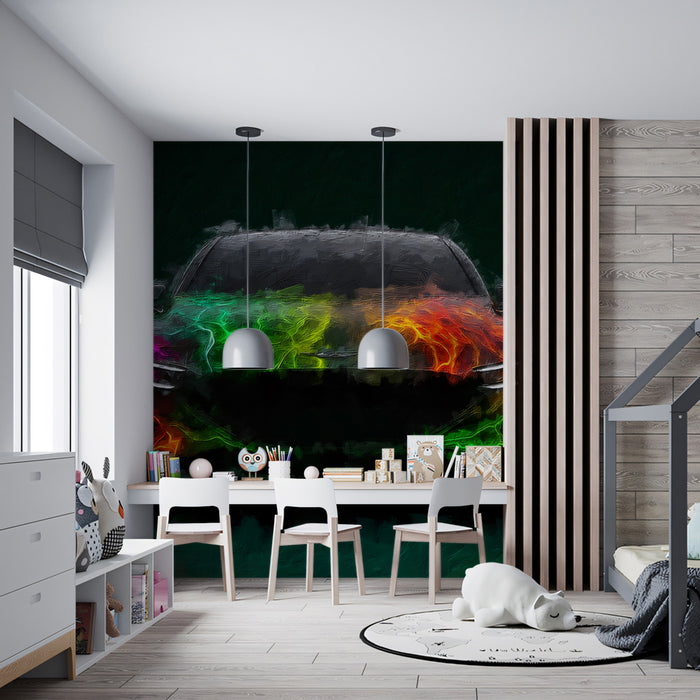 Car Fire Aura Portrait Mural Wallpaper | Neon Flames, Red and Green Contrast, Abstract Expressionism