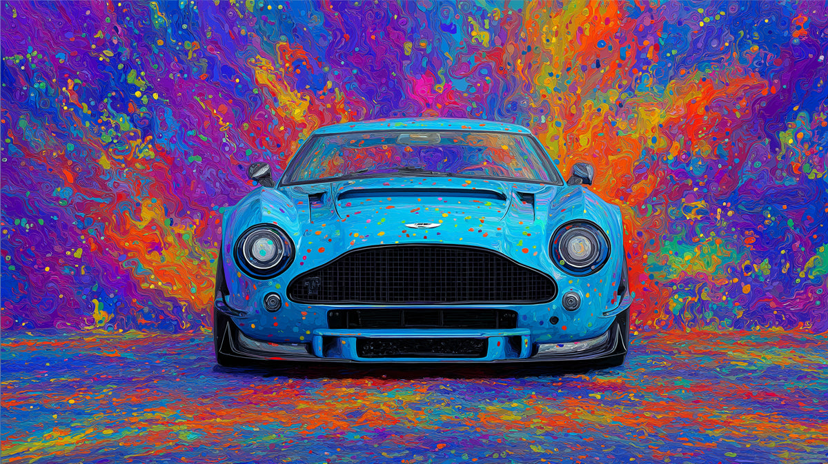 Pop Art Sports Car Splatter Mural Wallpaper | High-Saturation Chaos, Blue and Magenta, Abstract Vehicle Portrait