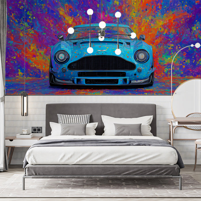 Pop Art Sports Car Splatter Mural Wallpaper | High-Saturation Chaos, Blue and Magenta, Abstract Vehicle Portrait