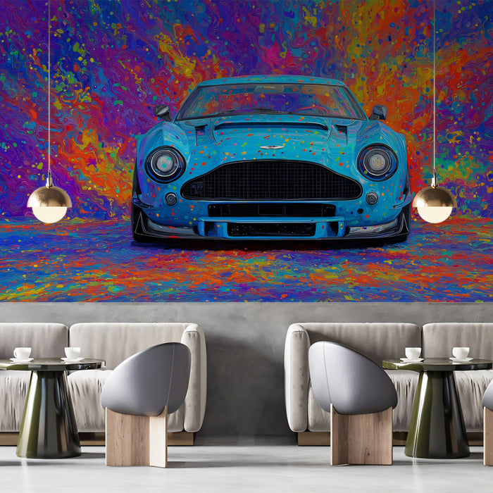 Pop Art Sports Car Splatter Mural Wallpaper | High-Saturation Chaos, Blue and Magenta, Abstract Vehicle Portrait