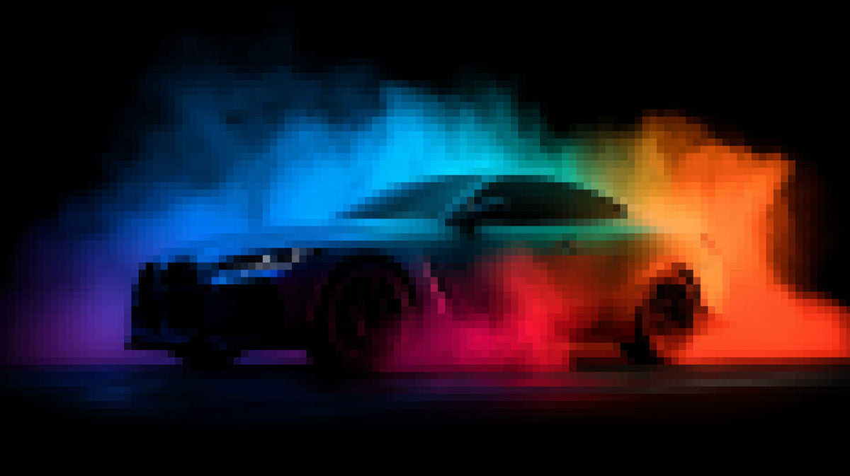 Pixelated Neon Smoke Car Mural Wallpaper | Digital Aura, Futuristic Speed, Dark Cyberpunk Aesthetic