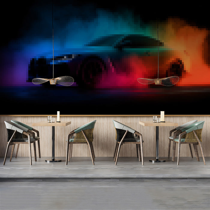 Pixelated Neon Smoke Car Mural Wallpaper | Digital Aura, Futuristic Speed, Dark Cyberpunk Aesthetic