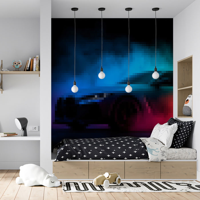 Pixelated Neon Smoke Car Mural Wallpaper | Digital Aura, Futuristic Speed, Dark Cyberpunk Aesthetic