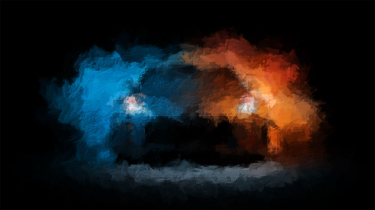 Abstract Headlight Clash Mural Wallpaper | Expressionist Oil Paint, Blue and Orange Contrast, Speed Focus