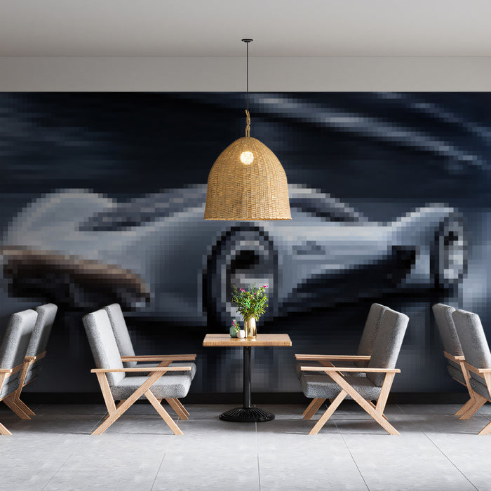 Pixelated Futuristic Car Mural Wallpaper | Low-Res Digital Art, Smooth Curves, Abstract Speed
